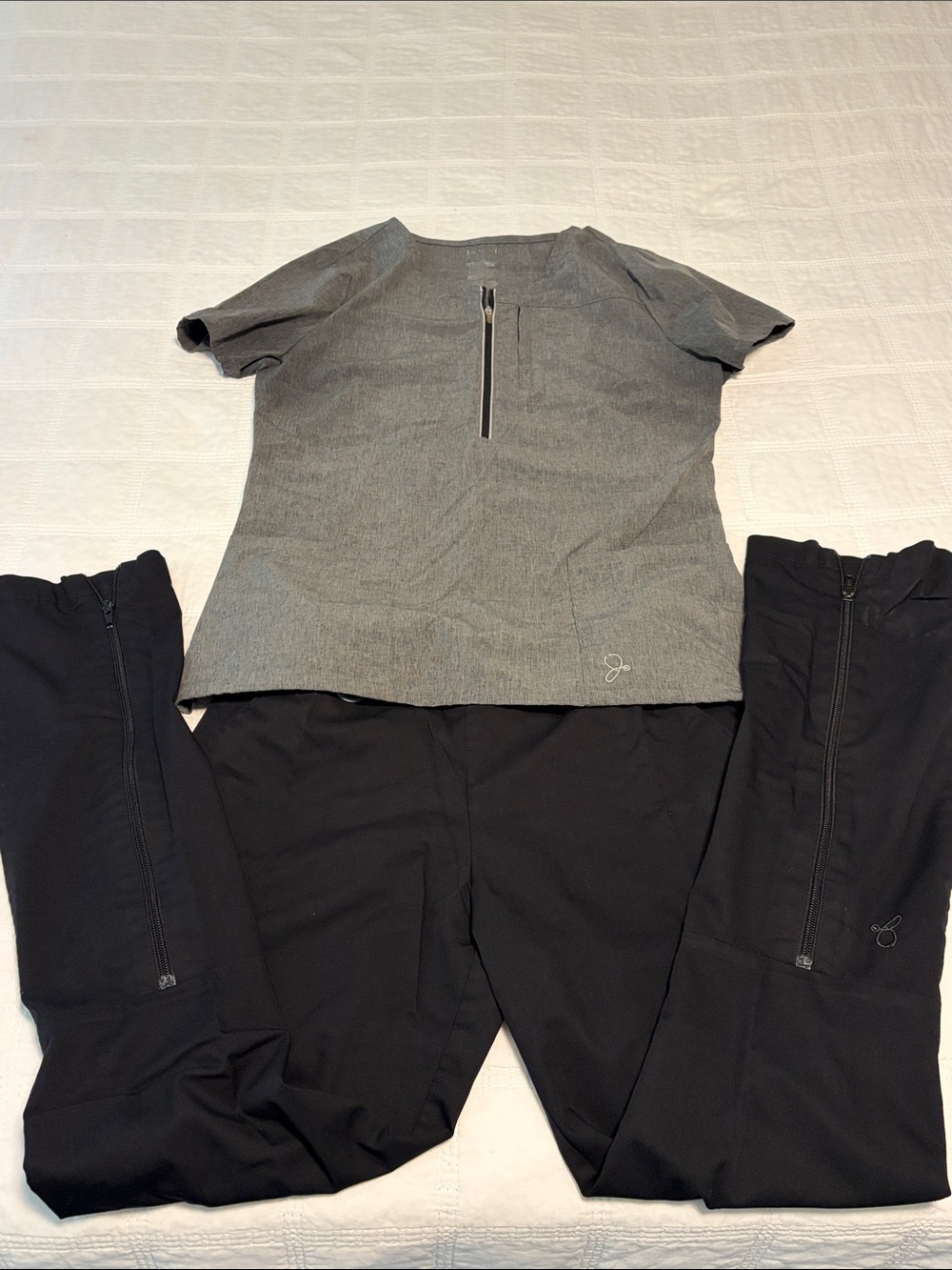 Jaanuu Gray Zip-Front Top with Black Straight Leg Scrub Pants